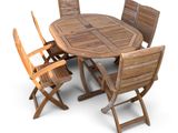 un ensemble composé d'une table et de chaises en bois sur fond blanc