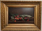 tableau représentant un poisson et des cerises dans un bol posé sur une table