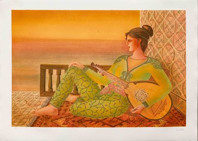 un tableau représentant une femme jouant de la guitare, assise par terre