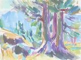 une aquarelle représentant un arbre au milieu d'un champ