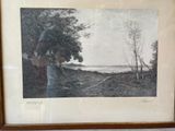 painting of a man standing in front of a lake in a wooded area