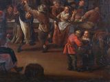 painting of a group of people standing around a table in a room