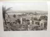 an old picture of a view of a city with a palm tree in the foreground