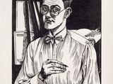 drawing of a man with glasses and a bow tie holding a sandwich