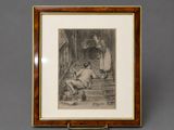 a black and white drawing of a man and a woman sitting on steps