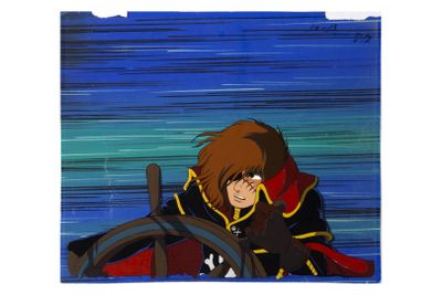 anime picture of a woman sitting on a boat with a steering wheel