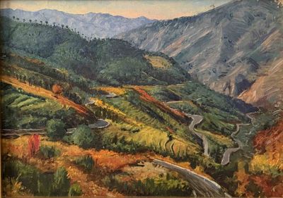 tableau représentant une route sinueuse dans une vallée montagneuse, avec des montagnes en arrière-plan