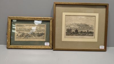 deux reproductions encadrées représentant une vue d'une ville et d'une rivière