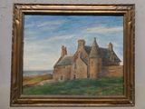 an oil painting of a castle in a field with a sky background