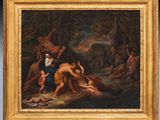 une peinture à l'huile représentant un groupe de personnes dans un cadre boisé