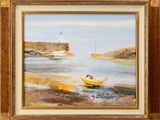 an oil painting of a yellow boat sitting on top of a sandy beach