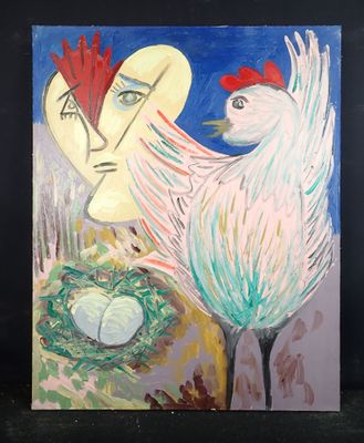 tableau représentant un coq et un oiseau, avec un cœur en arrière-plan