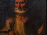 a painting of an old man holding a knife and a book