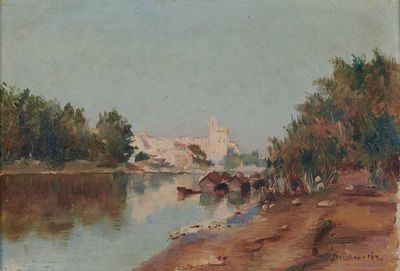un tableau représentant une vue d'une rivière avec des bateaux dessus