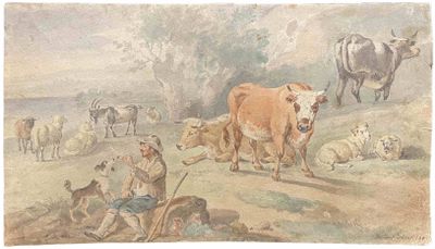 un tableau représentant un troupeau de bovins dans un champ