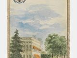 un tableau représentant un grand bâtiment surmonté d'un drapeau