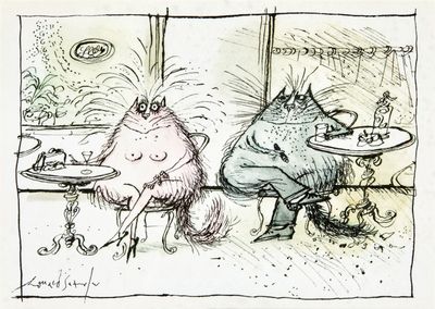 drawing of two cats sitting at a table with a plate of food in front of them