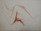 dessin représentant une femme nue allongée sur le ventre, le bras posé sur la poitrine
