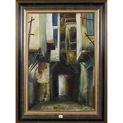 un tableau représentant un vieux bâtiment dans lequel se promène un homme