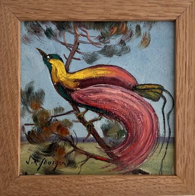 un tableau représentant un oiseau perché sur une branche d'arbre