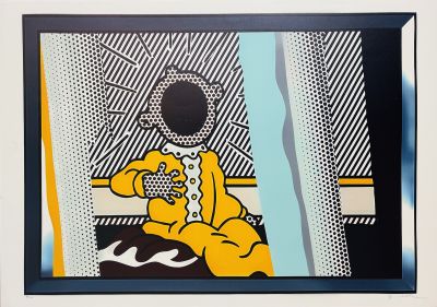 painting of a man in a yellow shirt sitting on a black and white floor