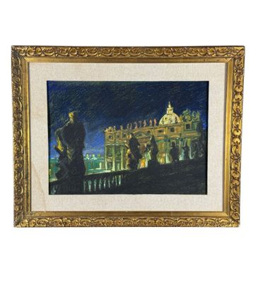 an oil painting of a man standing in front of a building at night