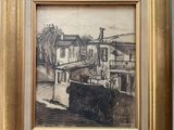 an image of a picture of a painting of a boat in a harbor