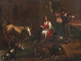 painting of a man and a woman in a landscape with animals and sheep
