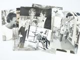several black and white photos of a man and a woman on a bench