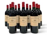 six bouteilles de vin rouge alignées sur une surface blanche