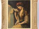 an oil painting of a woman reading a book by a window