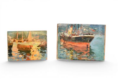 deux tableaux représentant un bateau et un bateau sur un plan d'eau