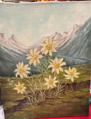 a picture of a painting of flowers on a table