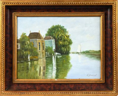 une peinture à l'huile représentant une maison au bord de l'eau, avec un voilier en arrière-plan