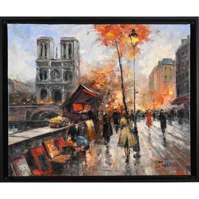 tableau représentant une scène de rue avec des passants marchant sous la pluie