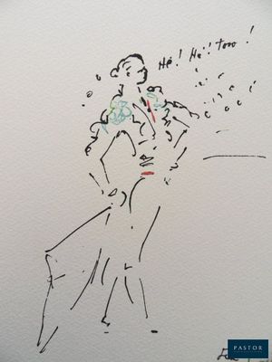 dessin représentant une femme en robe, coiffée d'un chapeau