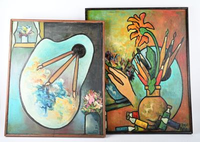 deux tableaux représentant un vase avec des fleurs et des crayons posés sur une table