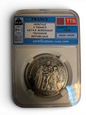 Piéce de 5 Fr Hercule, argent , 1874 Bordeaux,  Paris, état TTB (24,97 - Photo 1