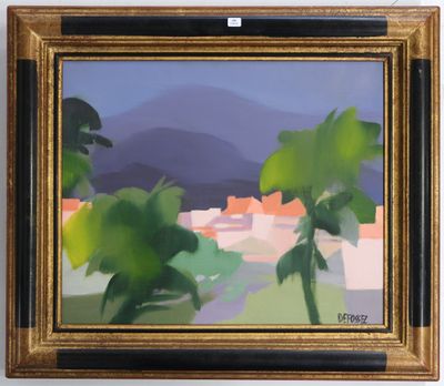 une peinture à l'huile représentant un paysage avec des arbres et des montagnes en arrière-plan