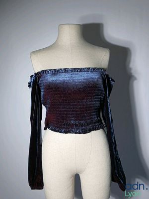 GUESS - Top bandeau en velours bleu nuit à manches longues -…