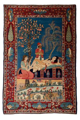 a tapestry with a woman and a man sitting on a bench