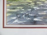 a picture of a painting of a man and a dog on the beach