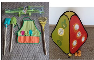 deux photos d'un ensemble d'outils de jardinage pour enfants et d'un tablier pour enfants