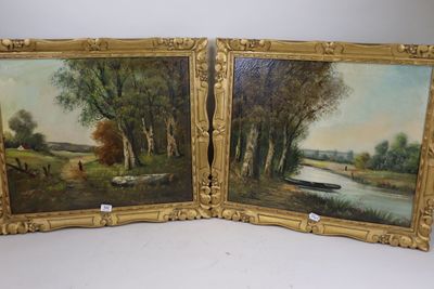 deux tableaux encadrés représentant une scène fluviale avec des bateaux et des arbres