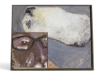 painting of a dog with glasses and a picture of a man with glasses