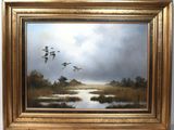 une peinture à l'huile représentant des canards survolant un étang dans un champ