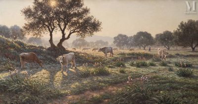 un tableau représentant des vaches paissant dans un champ, à l'ombre d'un arbre