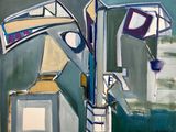 une peinture représentant un lampadaire sur lequel figure une autre peinture