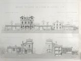 drawing of a drawing of a building with a clock on top of it