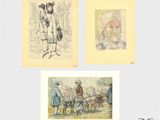 trois dessins représentant un homme et une femme accompagnés d'un chien, ainsi qu'un homme avec un cheval